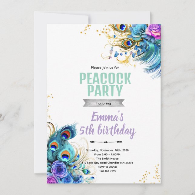 Invitation Teal and Purple Peacock theme invite (Devant)