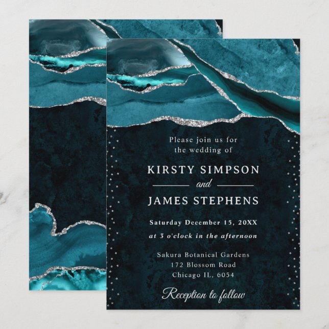 Invitation Teal and Silver Glitter Agate Wedding (Devant / Derrière)