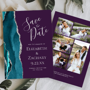 Invitation Teal Argent Agate Violet 5-Photo Enregistrez la Da