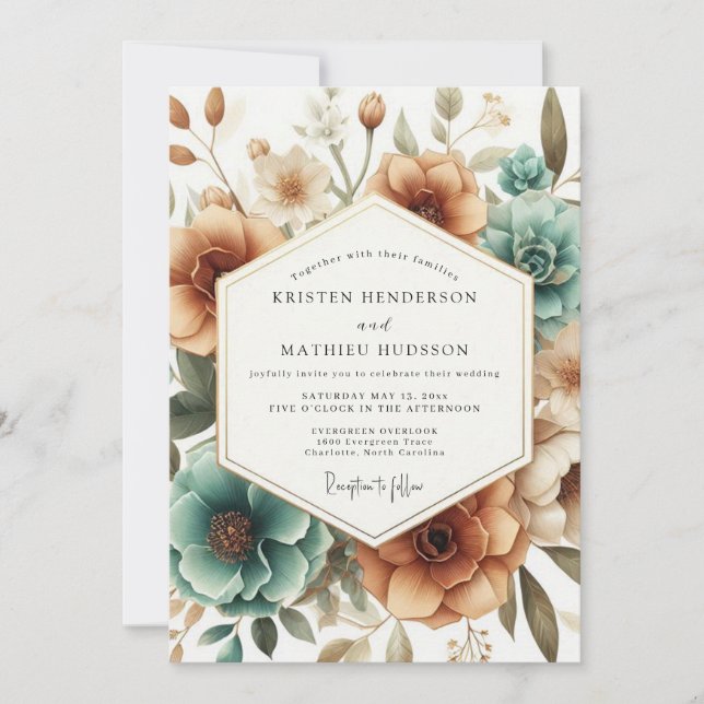 Invitation Teal Autumn Bloom Wedding (Devant)