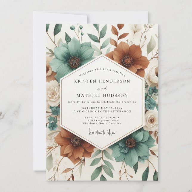 Invitation Teal Autumnal Botanical Bloom Wedding (Devant)