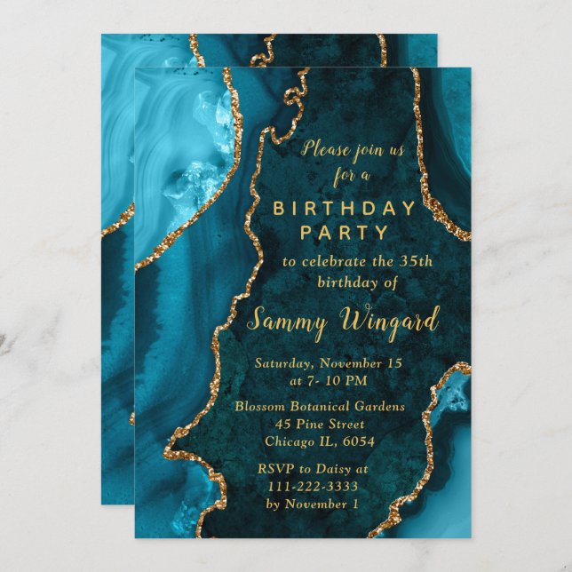 Invitation Teal Blue and Gold Agate Marble Birthday Party (Devant / Derrière)