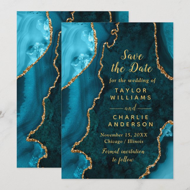 Invitation Teal Blue and Gold Agate Marble Save The Date (Devant / Derrière)