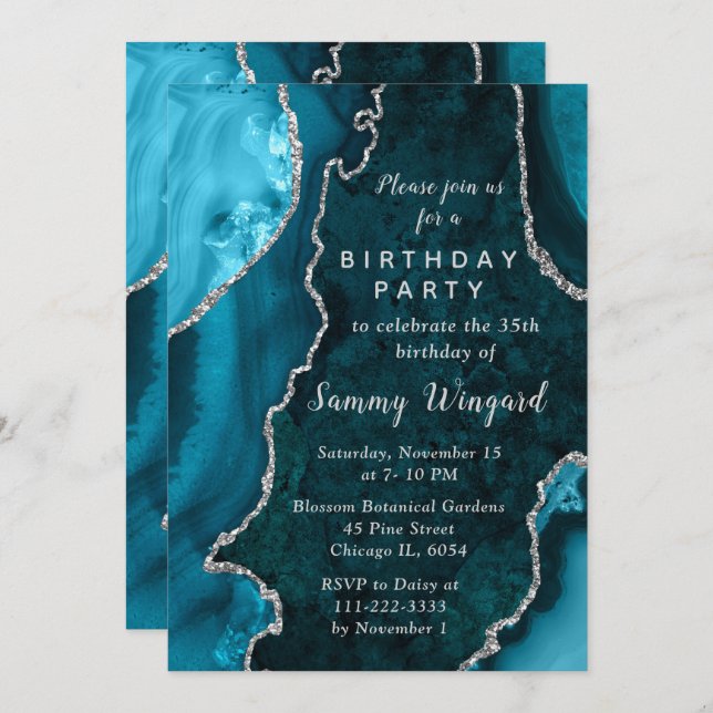 Invitation Teal Blue and Silver Agate Marble Birthday Party (Devant / Derrière)