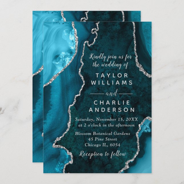 Invitation Teal Blue and Silver Agate Marble Wedding (Devant / Derrière)