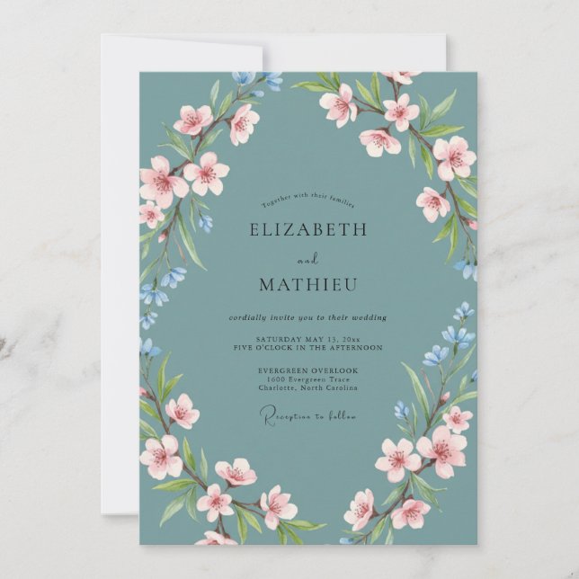 Invitation Teal Blue Graceful Blossom Wedding (Devant)