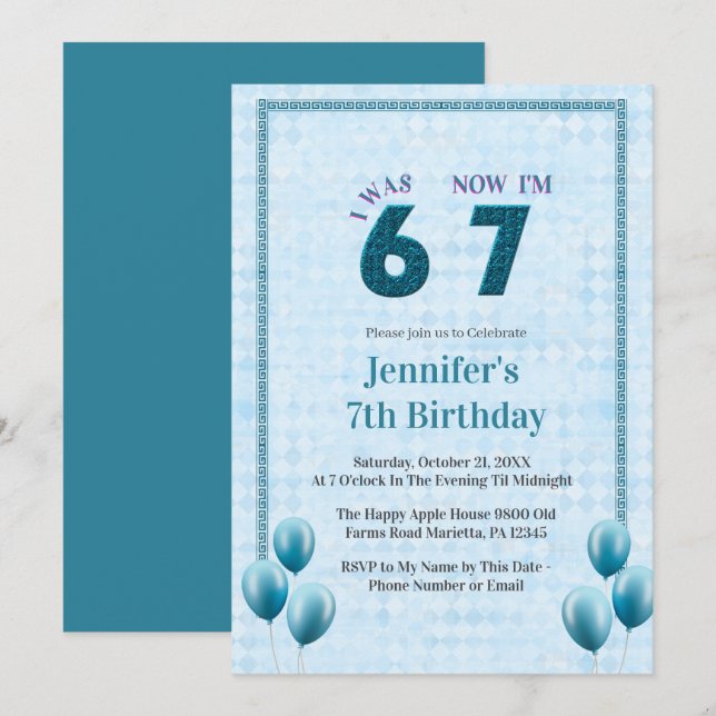 Invitation Teal  Blue I Was 6 Now 7 Birthday (Devant / Derrière)