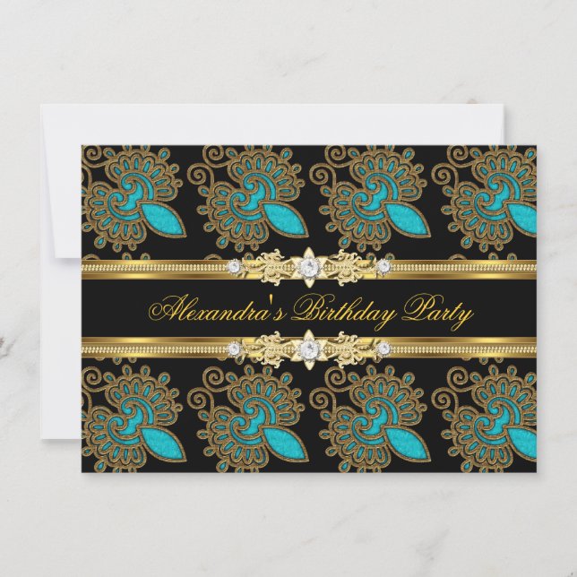 Invitation Teal Blue Or Noir Élégant Fête d'anniversaire (Devant)