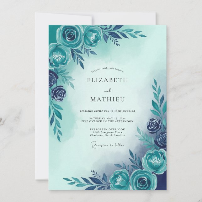 Invitation Teal Blue Serene Botanical Wedding (Devant)