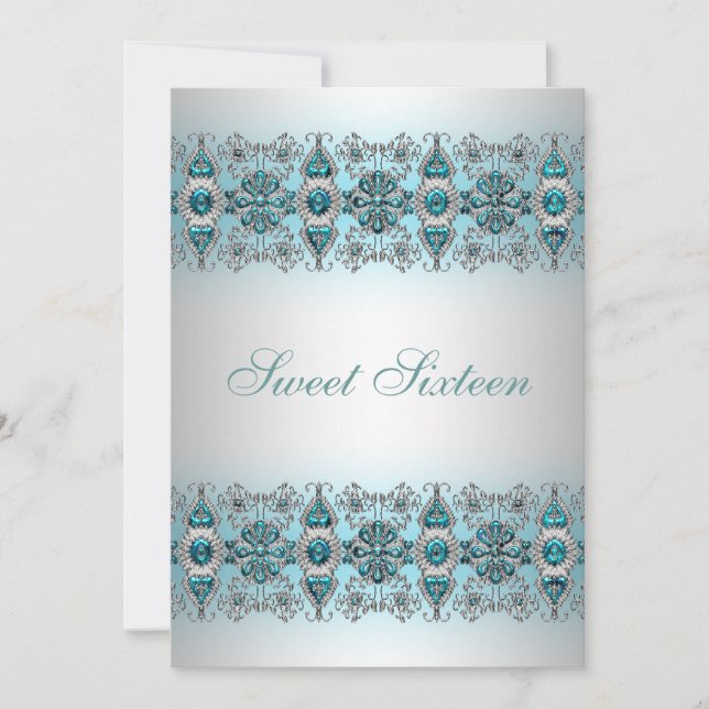 Invitation Teal Blue Silver Lace Sweet Sixteen (Devant)