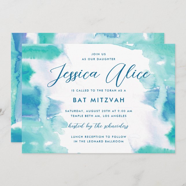 Invitation Teal Blue Watercolor Tie Dye Bat Mitzvah (Devant / Derrière)
