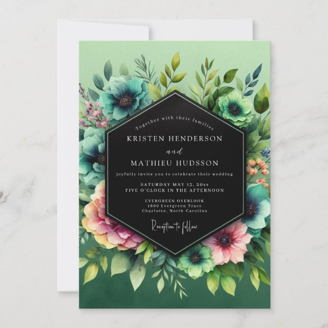 Invitation Teal Blush Vibrant Flora Wedding (Devant)