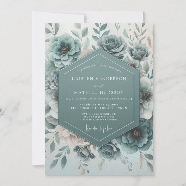 Invitation Teal Botanical Bloom Wedding (Devant)