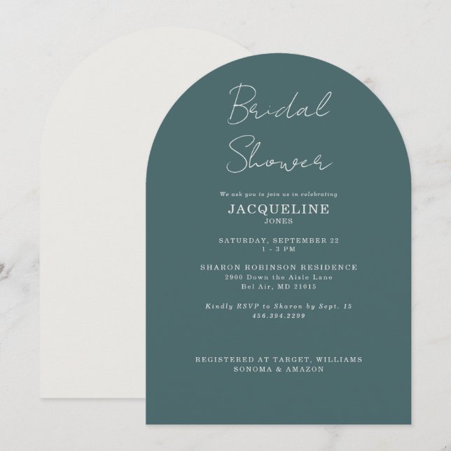 Invitation Teal Bridal Shower Arched  (Devant / Derrière)