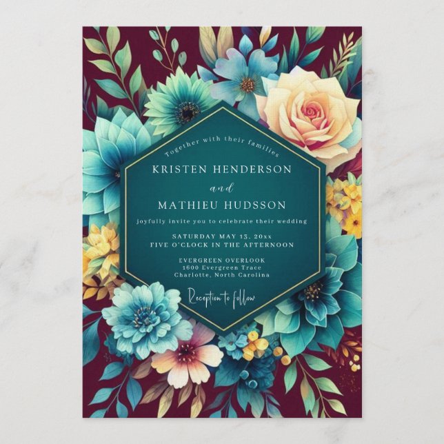 Invitation Teal & Burgundy Lush Botanical Wedding (Devant)