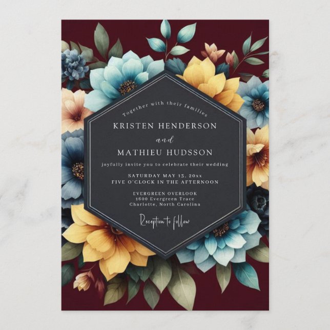 Invitation Teal & Burgundy Painterly Bloom Wedding (Devant)