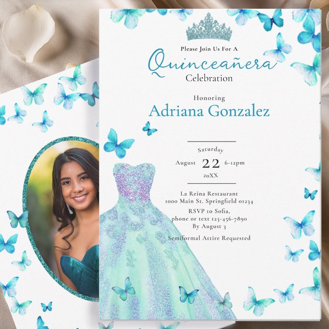 Invitation Teal Butterflies Dress Tiara Photo Quinceanera (Créateur téléchargé)