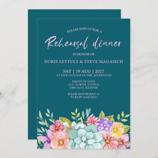 Invitation  Teal Colorful  Floral Rehearsal Dinner  (Devant / Derrière)