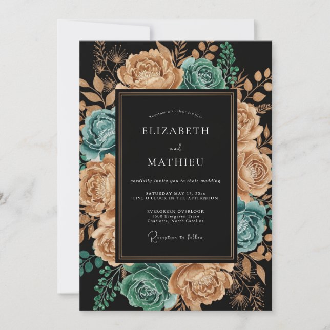 Invitation Teal Copper Artistic Floral Wedding (Devant)