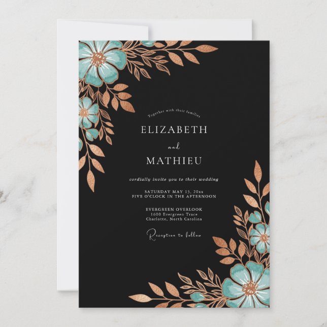 Invitation Teal Copper Bloom Romance Wedding (Devant)