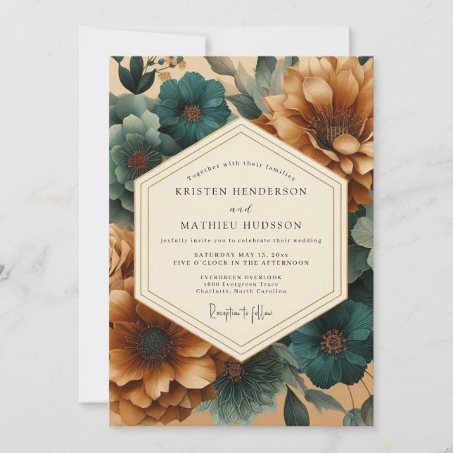 Invitation Teal Copperplate Flora Wedding (Devant)