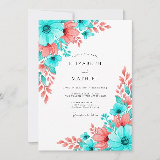 Invitation Teal Coral Artistic Bloom Wedding (Devant)