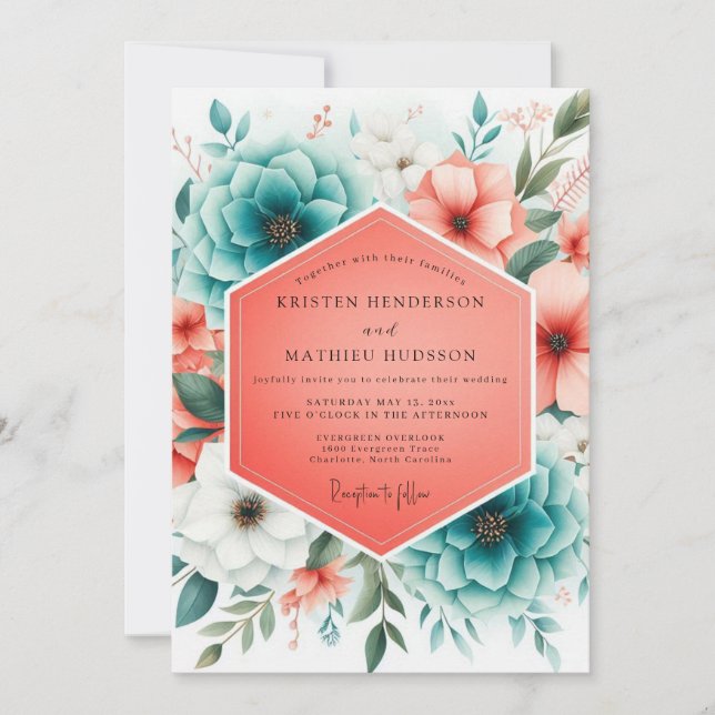 Invitation Teal Coral Bloom Romance Wedding (Devant)