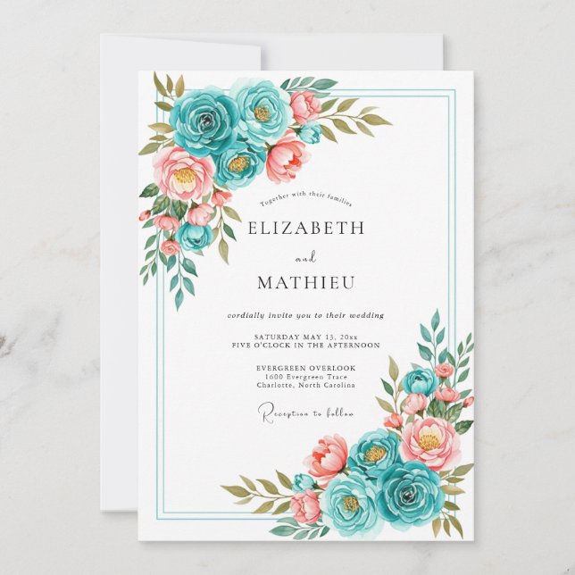 Invitation Teal Coral Bloom Romance Wedding (Devant)