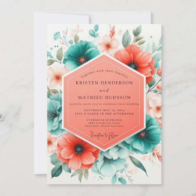 Invitation Teal Coral Blossom Romance Wedding (Devant)