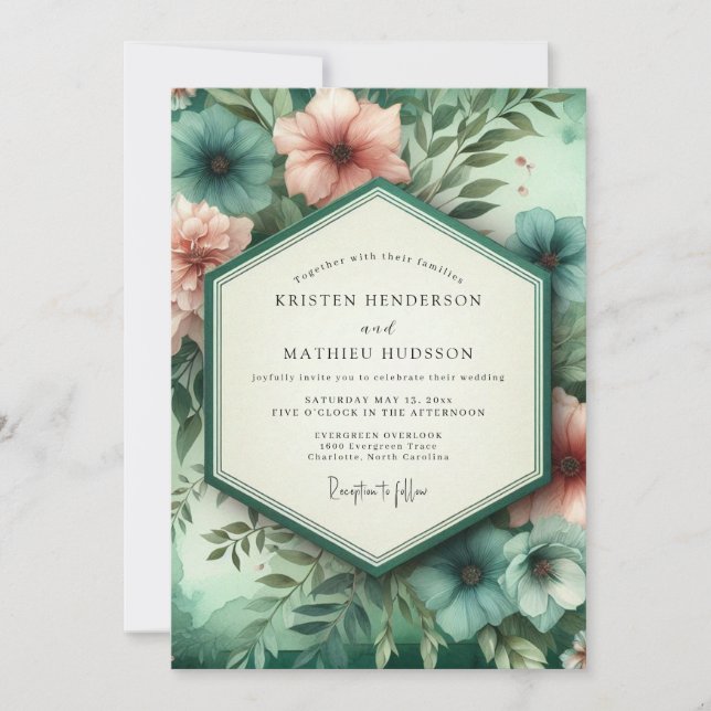Invitation Teal Coral Botanical Romance Wedding (Devant)