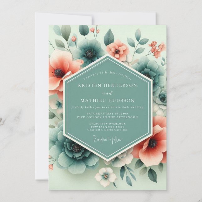 Invitation Teal Coral Ethereal Flora Wedding (Devant)