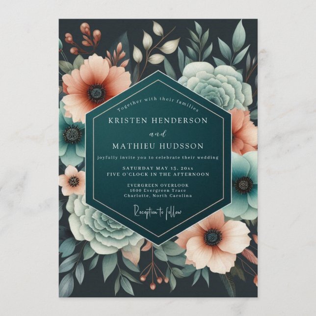 Invitation Teal Coral Eventide Wedding (Devant)
