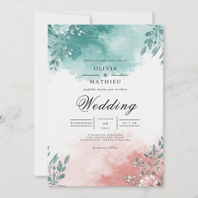 Invitation Teal Coral Floral Splash Wedding (Devant)