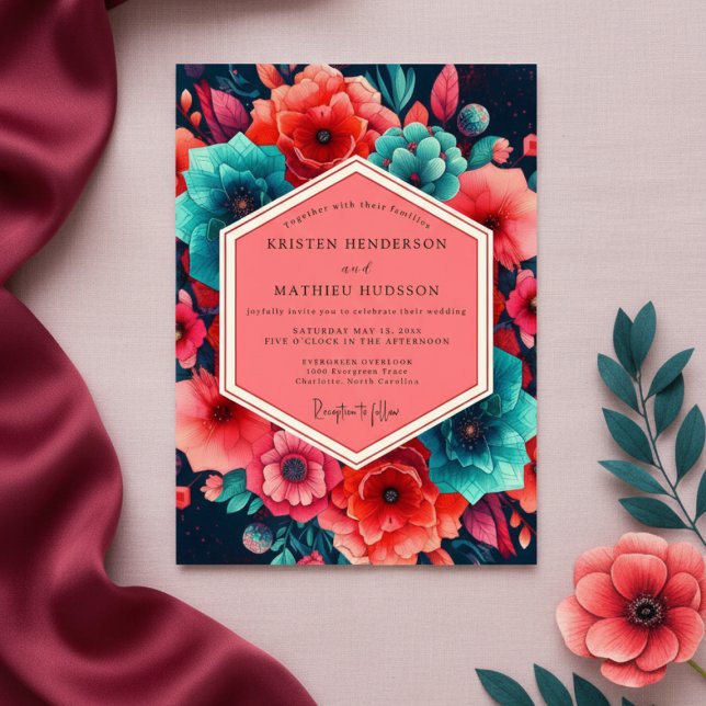 Invitation Teal Coral Lush Bloom Wedding (Créateur téléchargé)