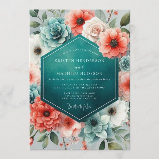 Invitation Teal Coral Lush Succulent Wedding (Devant)