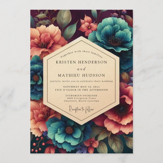 Invitation Teal & Coral Moody Botanical Wedding (Devant)