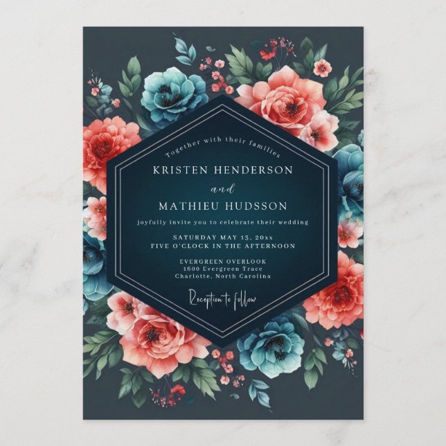 Invitation Teal & Coral Nocturnal Bloom Wedding (Devant)