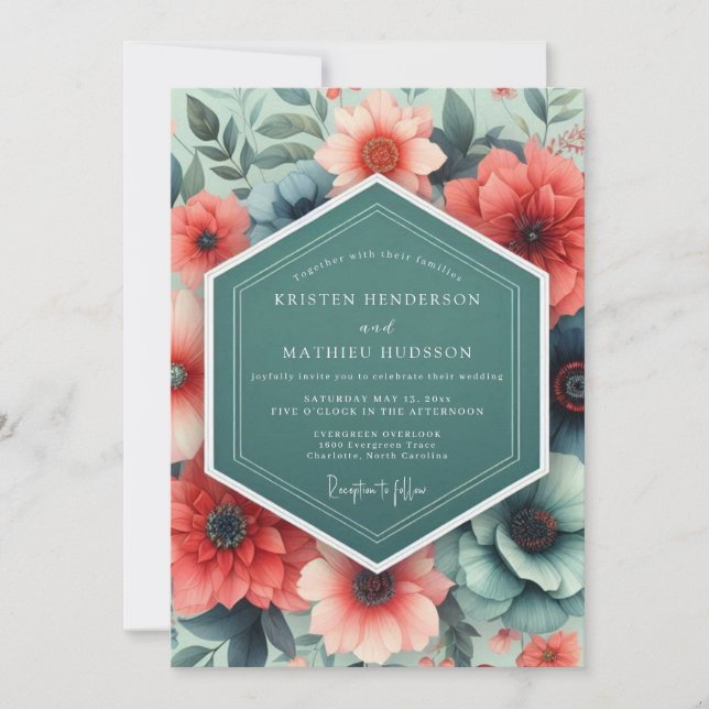 Invitation Teal Coral Opulent Flora Wedding (Devant)