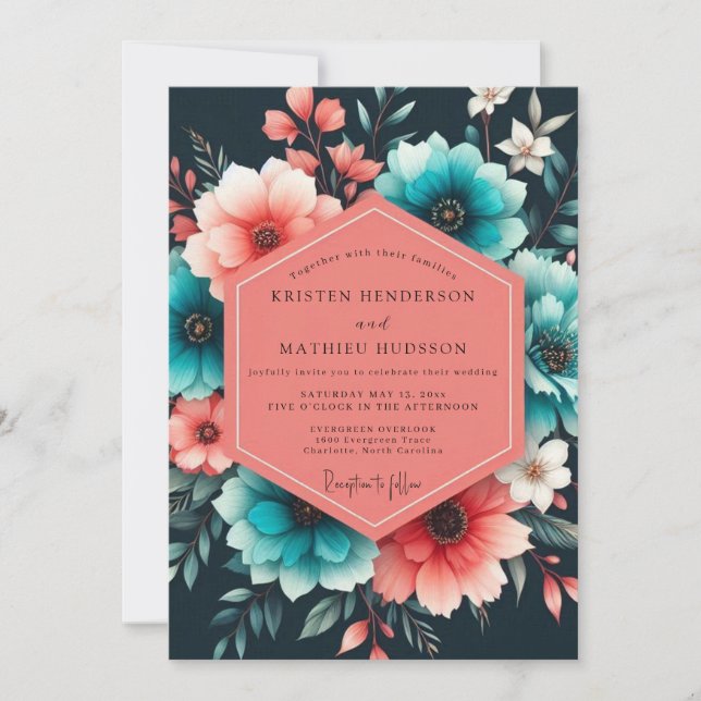Invitation Teal Coral Painterly Bloom Wedding (Devant)
