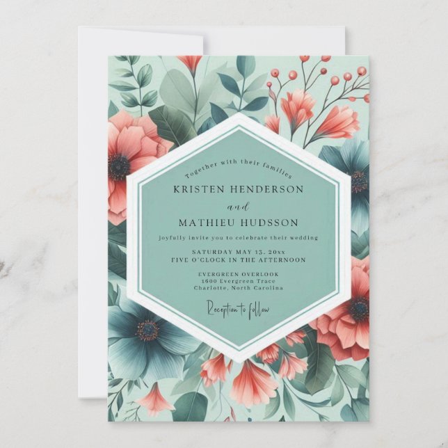 Invitation Teal Coral Painterly Flora Wedding (Devant)