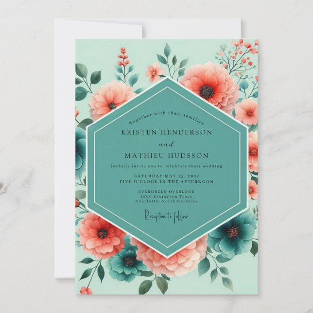 Invitation Teal Coral Vibrant Bloom Wedding (Devant)