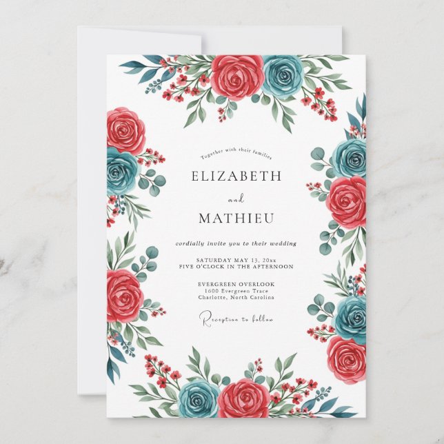 Invitation Teal Crimson Spirited Botanical Wedding (Devant)