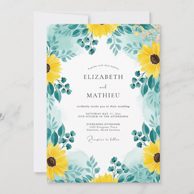 Invitation Teal Distinctive Sunflower Wedding (Devant)