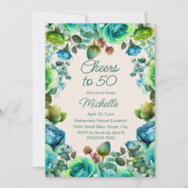 Invitation Teal Emerald Green Floral Cheers to 50 Birthday (Devant)