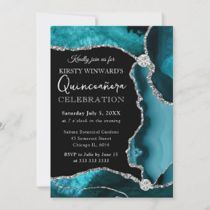 Invitation Teal et Faux Glitter Agate Quinceanera Argenté