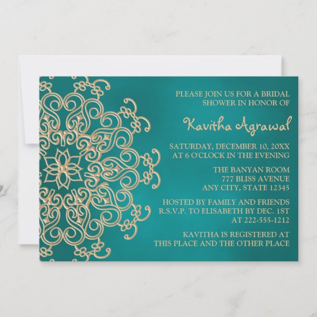 Invitation Teal et Fête de la mariée inspirée indienne d'or (Devant)