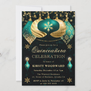 Invitation Teal et Gold Glitter Baubles Quinceanera
