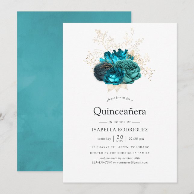 Invitation Teal et or floral Quinceañera (Devant / Derrière)