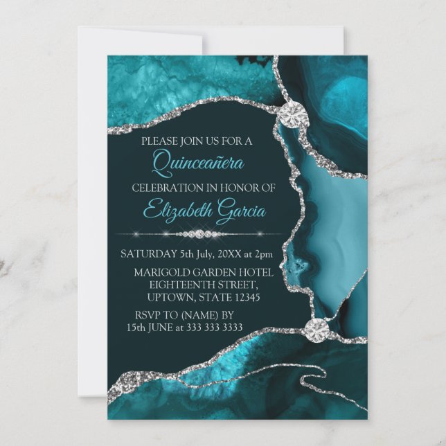 Invitation Teal et paillettes d'argent Agate Quinceanera (Devant)