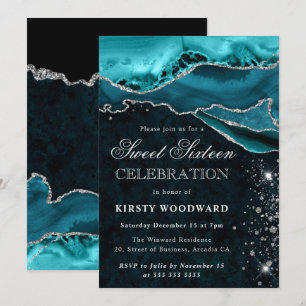 Invitation Teal et paillettes d'argent Agate Sweet 16